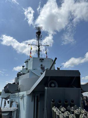 Forward hedgehog mount and superstructure of USS Slater.