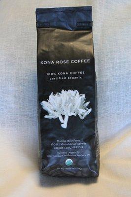 Organic Kona Rose Coffee, gourmet Kona roasted weekly to perfection with a med-dark roast. A full bodied cup with chocolate and fruit noes