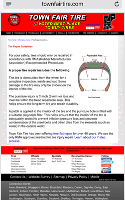 False Advertising...Danvers location does not follow the tire repair guidelines found on the Town Fair Tire main website.