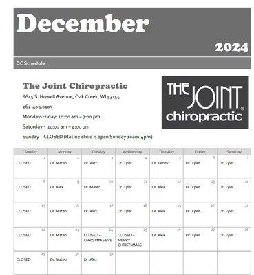 December Dr. Schedule