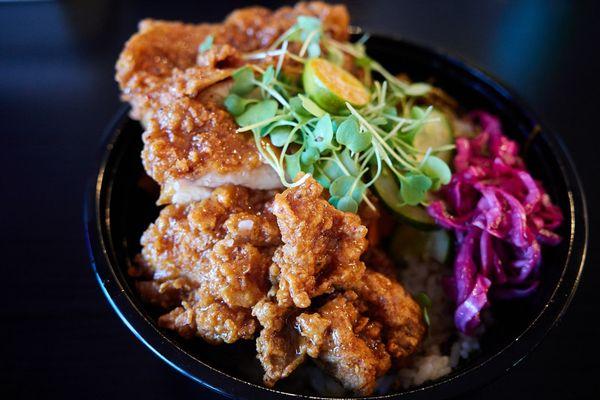 Calamansi chicken on garlic rice bowl