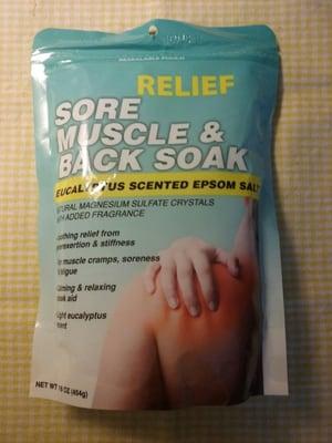 Double header! Good for soaking away aches, pains, strains, and the eucalyptus is nice aromatherapy. It sells fast! ($1/1 lb resealable bag)