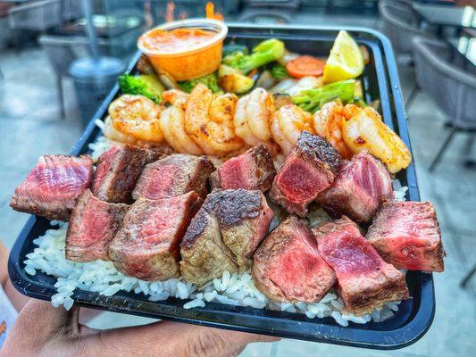 Medium rare fillet mignon and shrimp