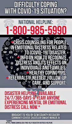 It's OK to not be OK! CALL the National Helpline at 1-800-985-5990 anytime day or night!