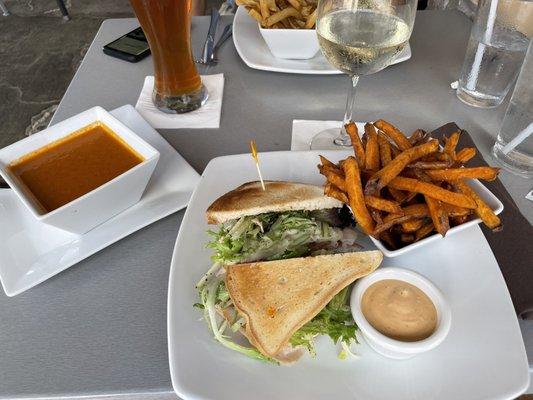 Orchard sandwich on gluten free bread with sweet potato fries and Tomato Basil Soup