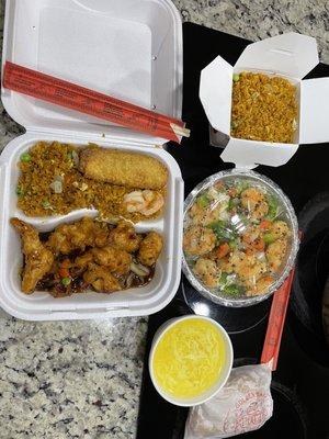 Salt and Pepper Shrimp, Shrimp Fried Rice, and Szechuan Chicken