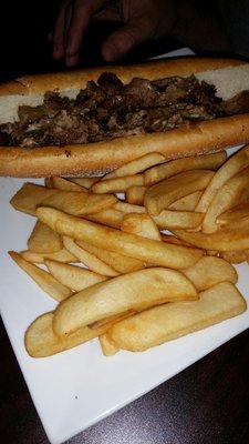 Cheese steak with fries Could have filled out the bun more, but tasted like real steak instead of reconstituted