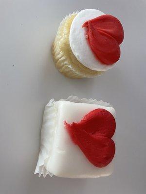 White cupcake and petite cake from Valentines