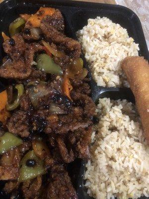 Crispy black bean chicken with fried rice and egg roll