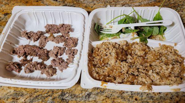 I asked for steak MW with original garlic and brown rice. This is the ultra tough gristle I could not swallow.