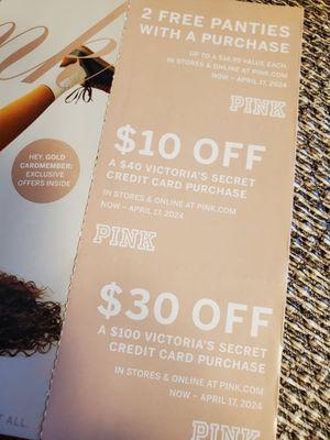 Using these 2 coupons I received in the mail as a VS Gold Card Member = 2 FREE Panties!  4/1/2024