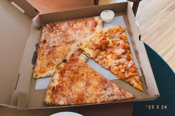 Buffalo chicken slice and regular slices.