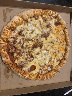 "Thick crust pizza"  Whole pepperoni, half added bacon and pineapple.  This is a large.