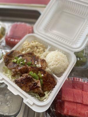 Hawaiian BBQ chicken with Macaroni Salad, Rice and cabbage salad