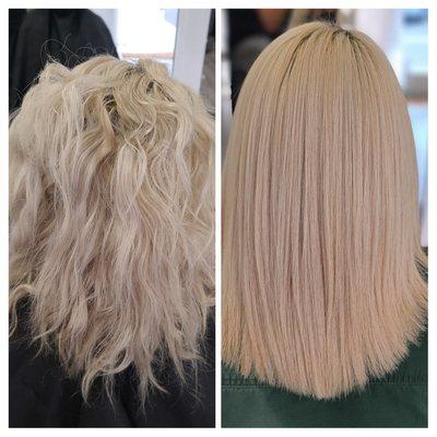 Before and after Brazilian blowout on blonde hair