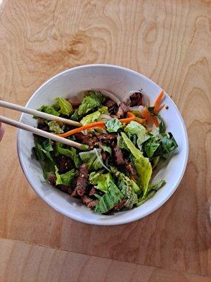 Noodles- pork strips, lettuce, cucumber, mint, carrot, radish, and glass noodles with a vinegarette. So light and refreshing!