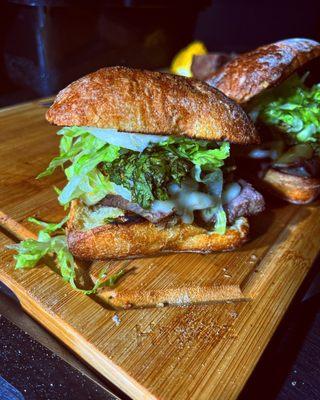 Steak Churi on Ciabatta. Chimichuri, Garlic Aioli, Tomato Confit, Shredded Lettuce and Havarti Cheese