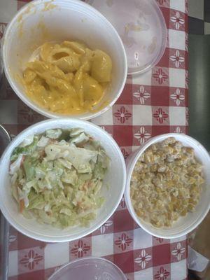 Sides: mac n cheese, cream corn, cole slaw