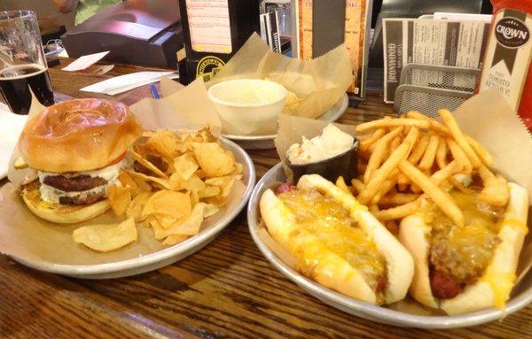 Mushroom and swiss with house made chips and the Dagwood special: 2 chili cheese dogs, fries and coleslaw