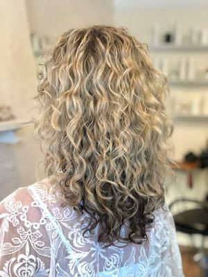 Curly highlights, haircut, and set