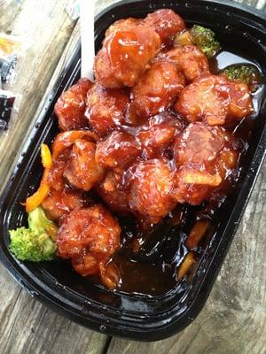 orange chicken. downing in syrup and tough/chewy chicken.