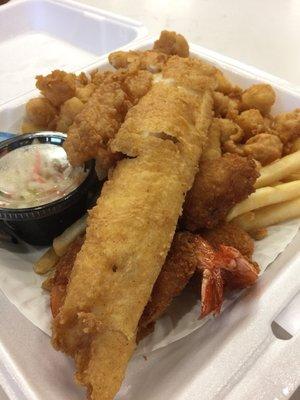 Seafood platter. Shrimp, scallops, cod, fries, coleslaw. $10. Incredible.