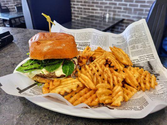 Caprese burger with waffle fries