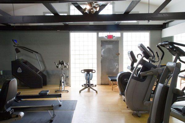 Cardio room: ellipticals, arc trainer, stretch machine, spin bike.