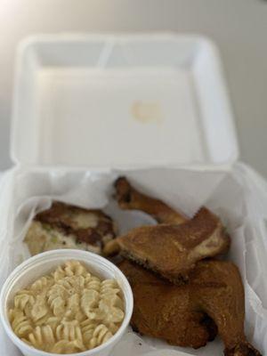 Chicken Leg Quarters ,Potato Cake , House Made Mac and Cheese