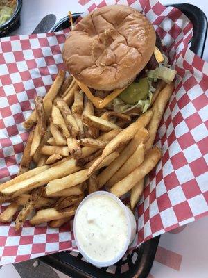 Bacon cheeseburger and fries