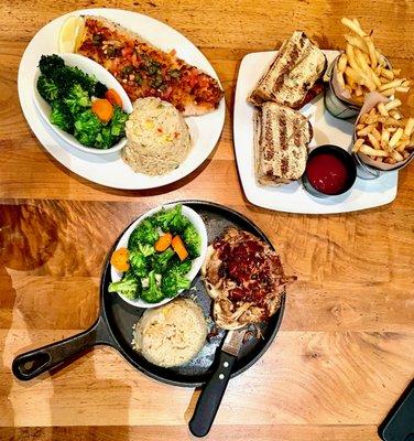 Trout (top left), Chicken Sandwich w/ Double Fries (top right), and Pulled Pork (bottom)