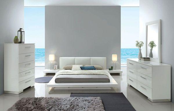 platform bed with low profile base and glossy white finish