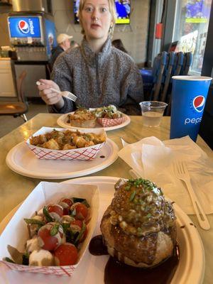 Mac and cheese and steak and mushrooms pie. Loaded tots with poutine