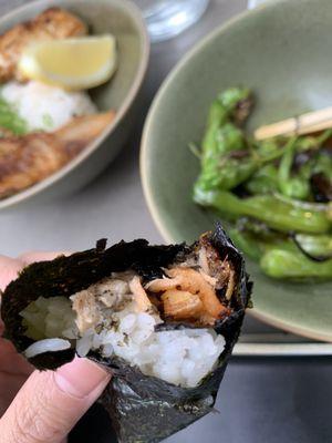 Crispy tuna skin hand roll