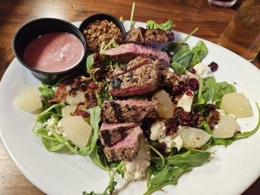 Blue cheese & Pear salad - baby spinach, arugula, I added the sirloin steak.  ( they hand cut steaks)