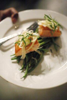 Lovely plating of salmon green beans.