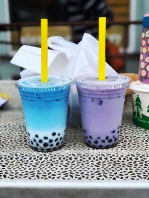 Pea tea w/boba, and green tea taro w/boba