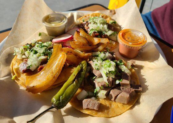 Street tacos served with grilled onions and jalapenos! Delicious!!