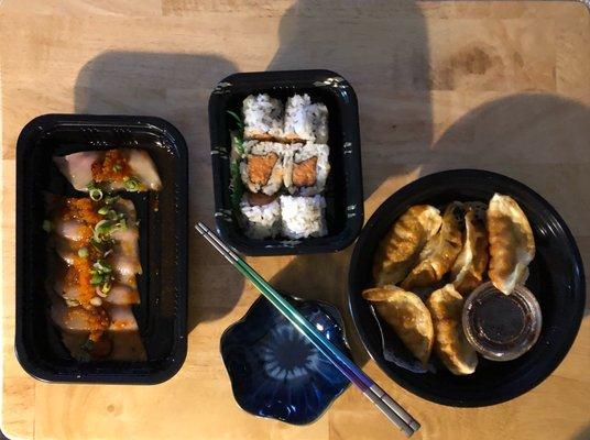 Very tasty dinner. From left to right: Yellowtail jalapeño, spicy tuna, gyoza (pot stickers)