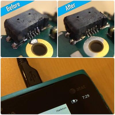 After a failed attempt from a different "repair" shop we correctly repaired this customer's broken charge port.