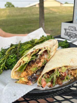 BLT quinoa wrap with a side of broccolini