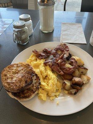 English Muffins Scrambled Eggs bacon and Home fries