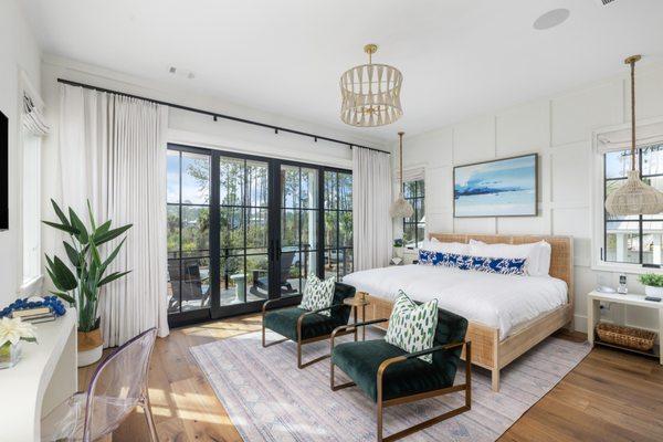 Interior view of primary bedroom in Palmetto Treehouse in Palmetto Bluff SC