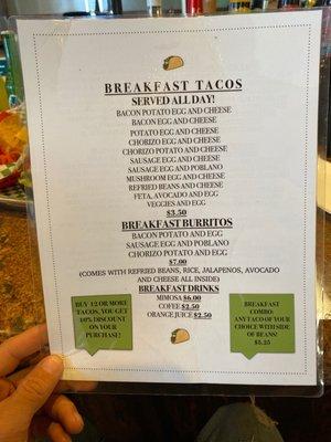 Breakfast menu