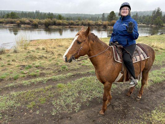 Riding in the drizzle on Jordayna.  Well trained and excellent guide rider.  Beautiful!