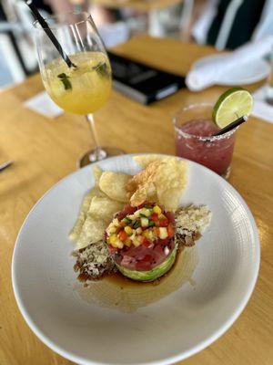 Ahi tuna tartare, WHITE, TROPICAL FRUIT sangria, smoke and spice blackberry margarita