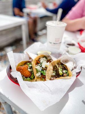 Baja Taco (held tomato), Al Pastor Taco , Carne Asada Taco. Amazing!! Pretty big, not street taco size.