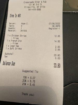 Actual price paid for the meal.