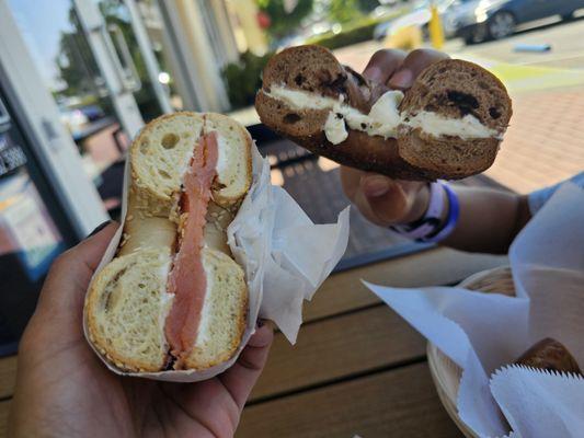 Sesame bagel with cream cheese and lox. Chocolate chip bagel with cream cheese.