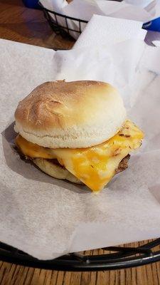 Homemade English muffin, sausage, egg & cheese sandwich